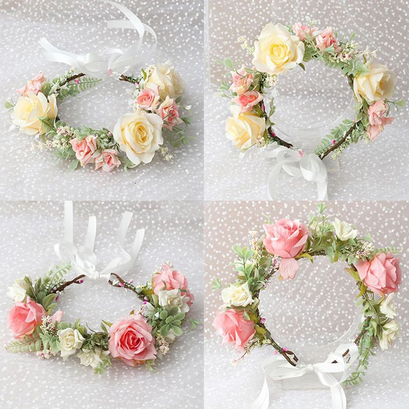 Rose Flower Crown Wreath Wedding Hairband Bride Garland With Ribbon Handmade Headband Headpiece Hair Accessories For Women