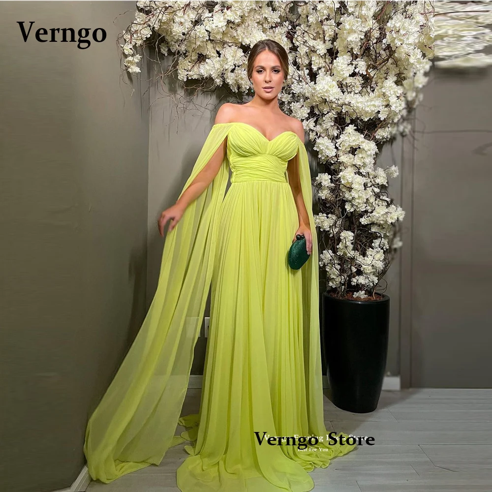 Verngo sexy fora do ombro lemo amarelo chiffon longo vestidos de baile mangas capa árabe feminino formal vestidos de noite praia festa