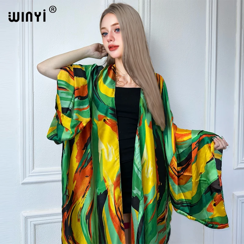 WINYI Kimono Summer Abstract oil painting print Cardigan Female Blouse abaya cover up beach women boho maxi dress party kaftan