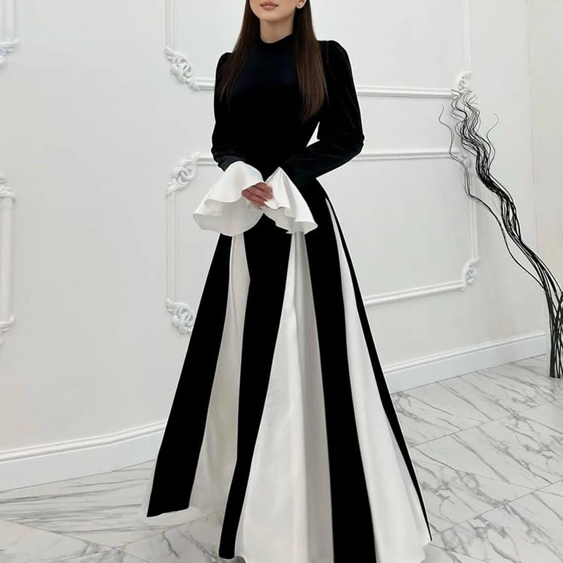 Elegant Flared Sleeve Color Blocked Patchwork Long Dress New Fall High Waist Evening Party Dress Temperament O Neck Velvet Dress