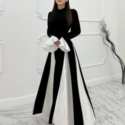 Elegant Flared Sleeve Color Blocked Patchwork Long Dress New Fall High Waist Evening Party Dress Temperament O Neck Velvet Dress