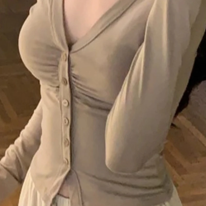 

Плиссированная нижняя рубашка с v-образным вырезом и длинными рукавами, женская универсальная футболка с тонкой талией, топ