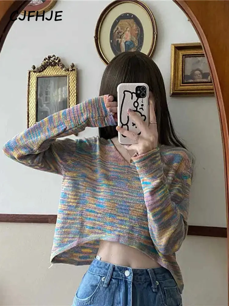 CJFHJE New Rainbow Color Crop Knitted Sweaters Women Autumn Chic Long Sleeve Short Pullovers Woman Korean V Neck Jumpers Female