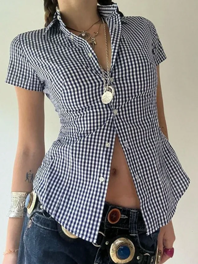 

Korean Popular Clothes Slim Fit Shirt Women's Top Summer Collar Slim Fit Plaid Printed Single Breasted Short Sleeved Shirt Top