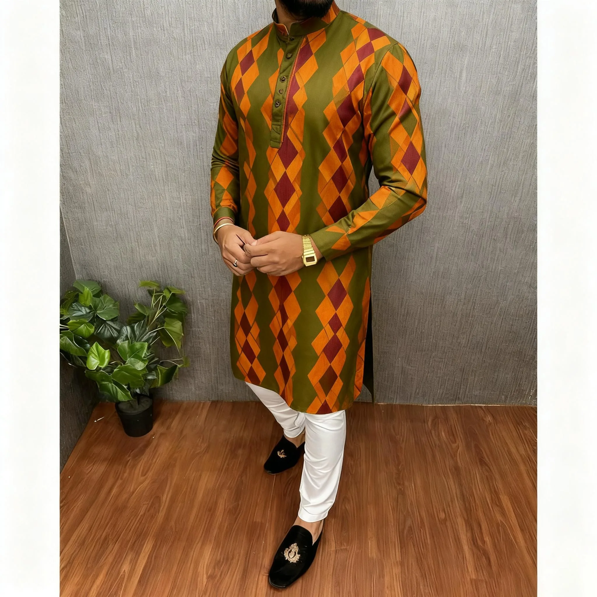 قمصان رجالية إسلامية بسيطة كاجوال قميص طباعة عرقية قميص طويل الأكمام بياقة واقفة دبي قفطان مغربي