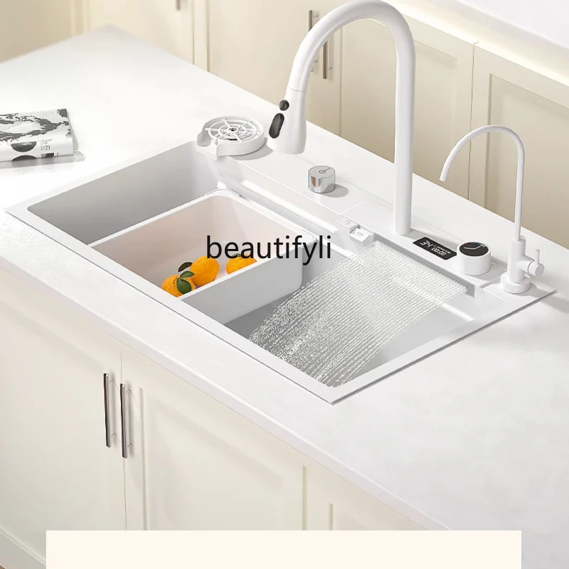 

Waterfall Sink Digital Display Washing Basin Kitchen Household Stainless Steel Nano Drop-in Sink Large Single Sink