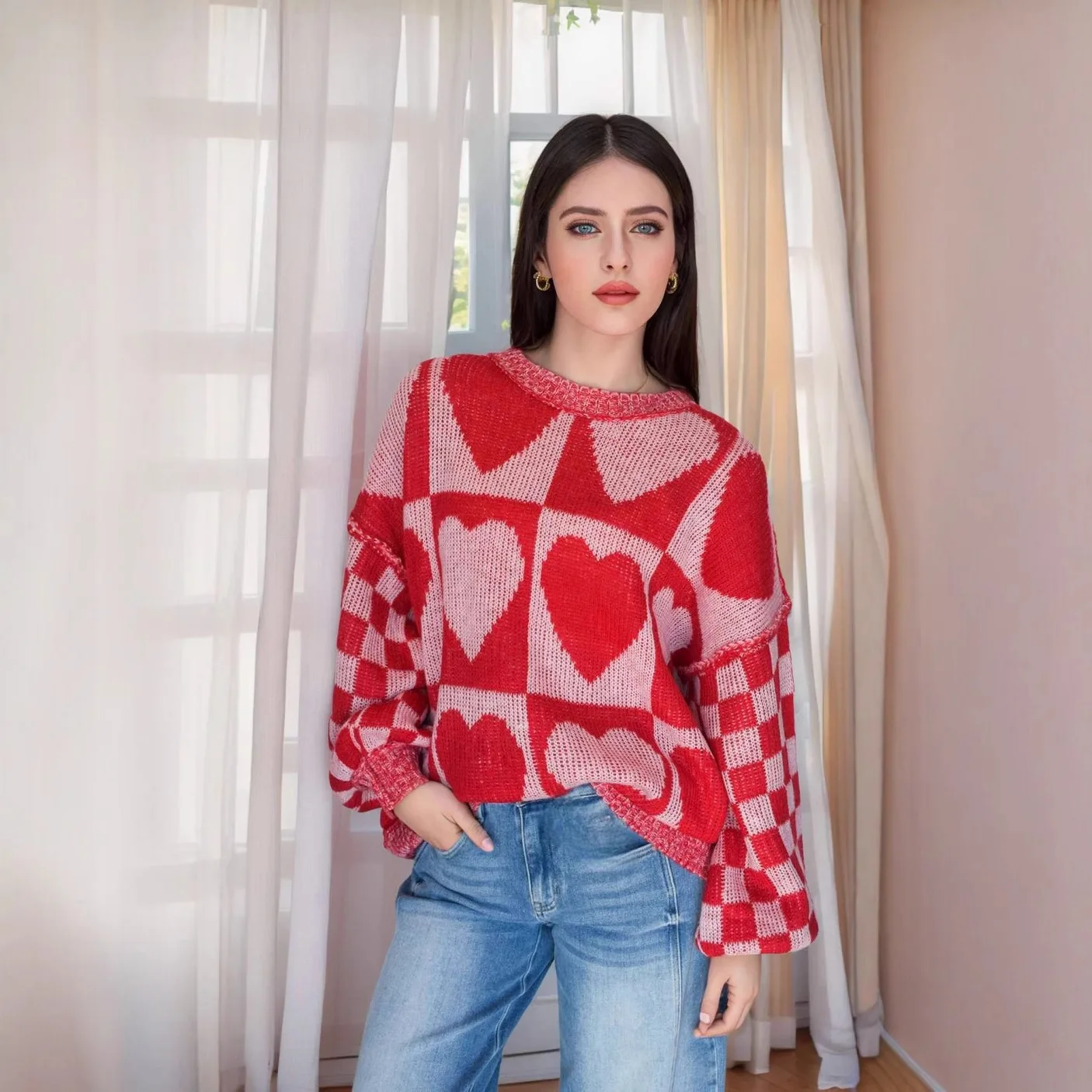 New Loose Casual Heart-shaped Medium To Long Sweater For Women Thickened Round Neck Knitted Top Swetry Maglioni  Pullover Damen