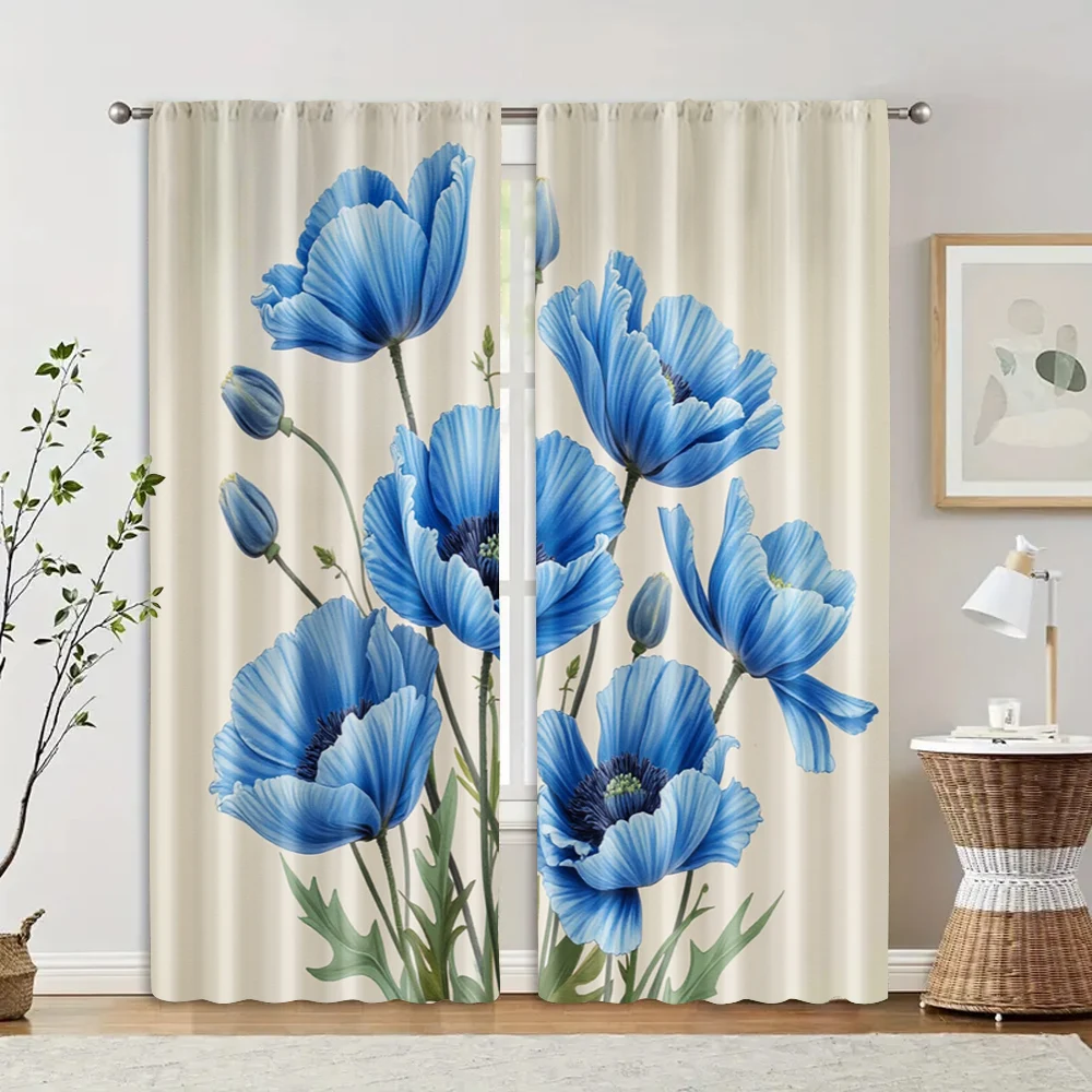 2pcs, Curtains Roller Blinds Flower1 100% Polyester (without rod) Room Decor Perfect for Living Room, Semi-Sheer Polyester