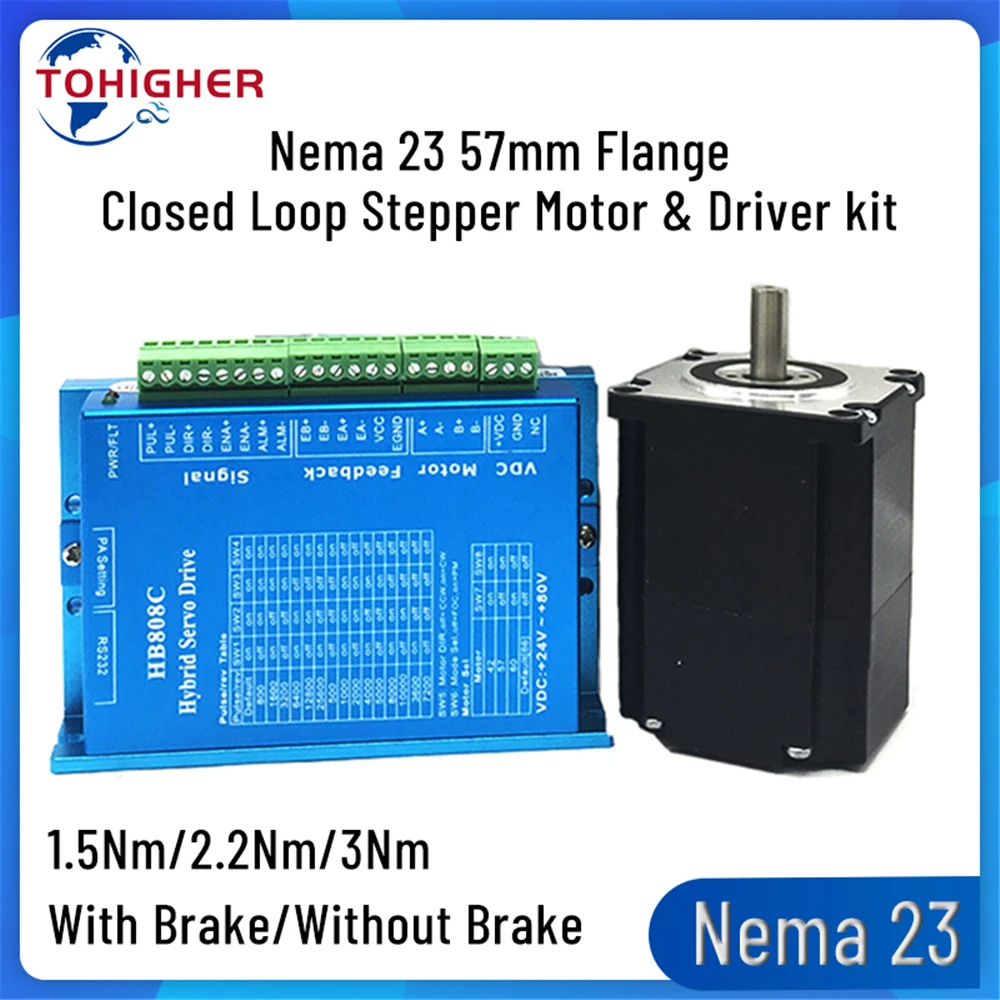 DC Nema23 Closed Loop Stepper Motor Kit 2 Phase 1.5Nm,2.2Nm,3Nm 3A 4.5A 57mm with Brake & Driver for CNC Engraving Milling