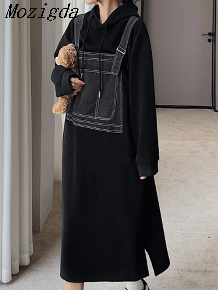

Spring Autumn Long Sleeve Oversized Black Hooded Vintage Patchwork For Women Casual Loose Sweatshirt Dress Elegant Clothes