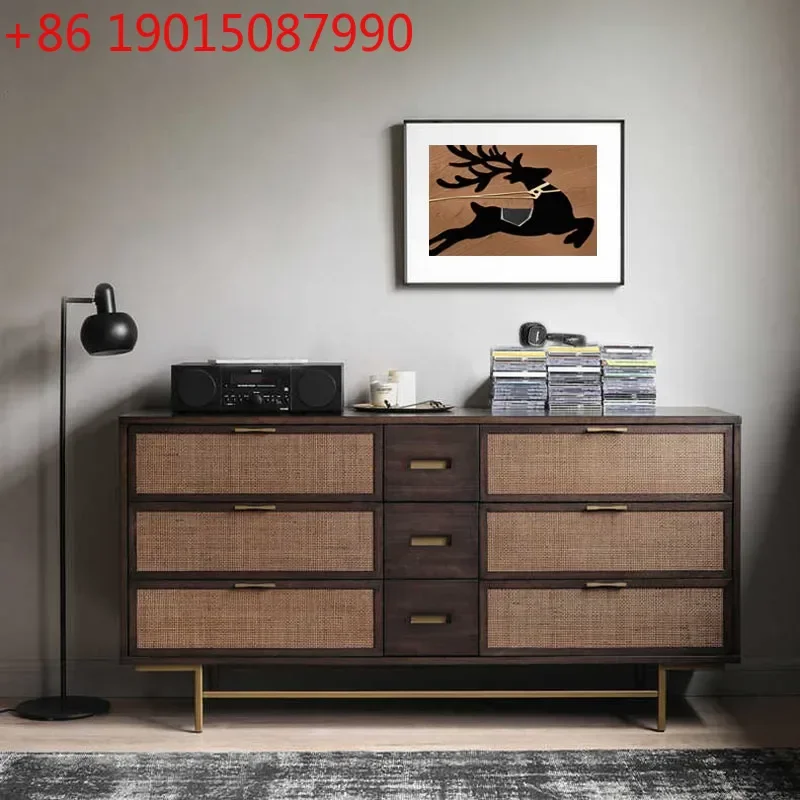 

N Nordic Mid-Ancient Solid Wood Rattan Entrance Cabinet Japanese Style Bedroom Tailstock Storage Cabinet