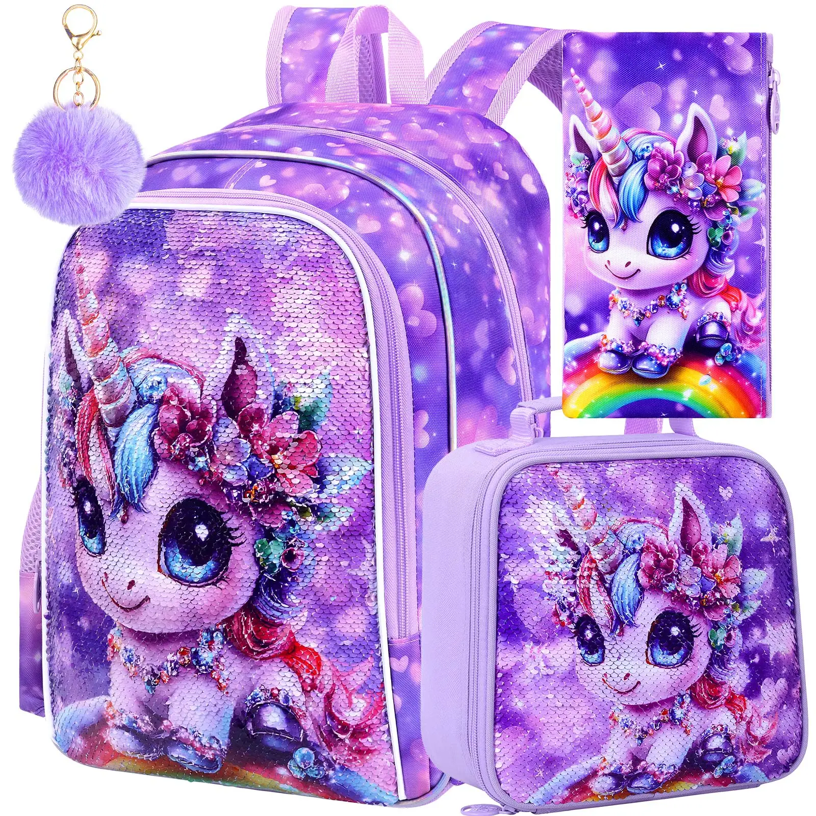 

3PCS Unicorn Backpacks for Girls, 16" Little Kids Backpack Preschool Elementary School Bookbags and Lunch Box - Unicorn purple