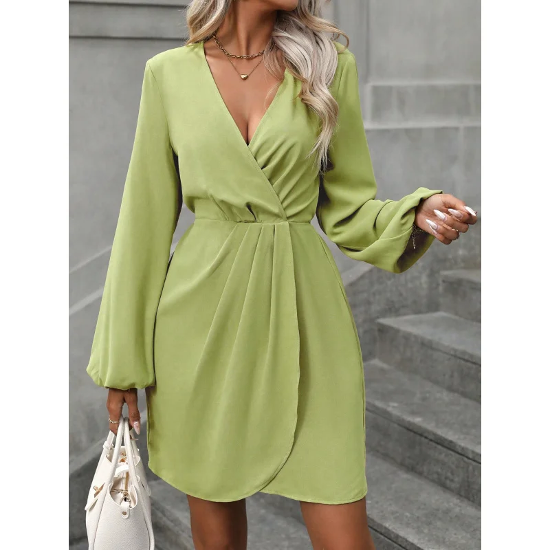 

YQ1-Independent Station Autumn Winter New Women's Irregular Long Sleeve Solid Color Dress