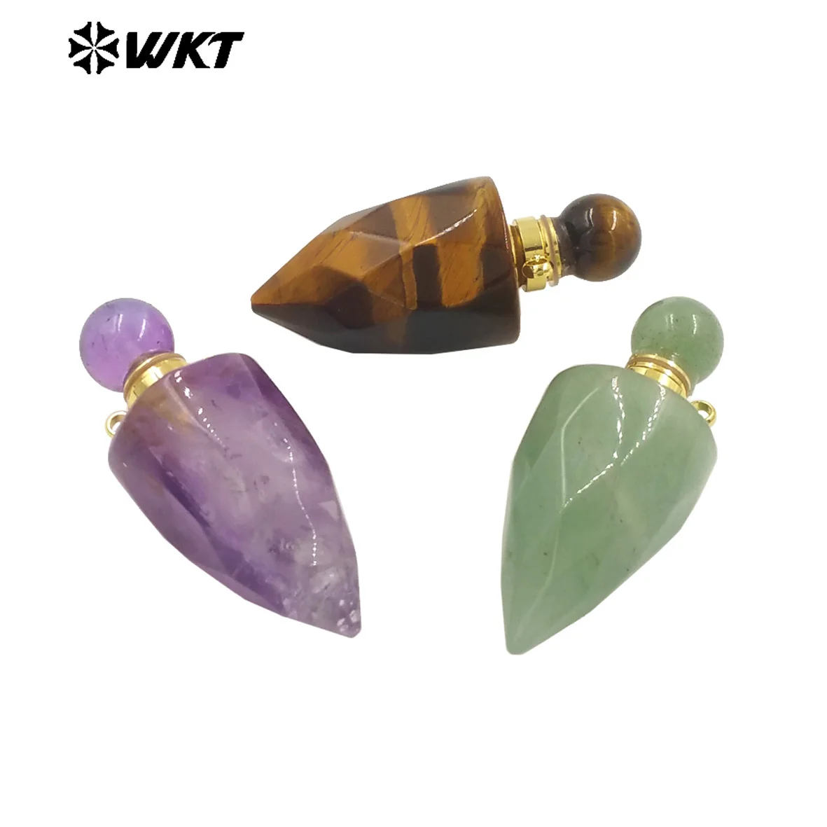 WT-P1979 New Design Fashion Gold Plated Faceted Natural Gemstone Carved Bullet Point Perfume Bottle Pendant For Necklace