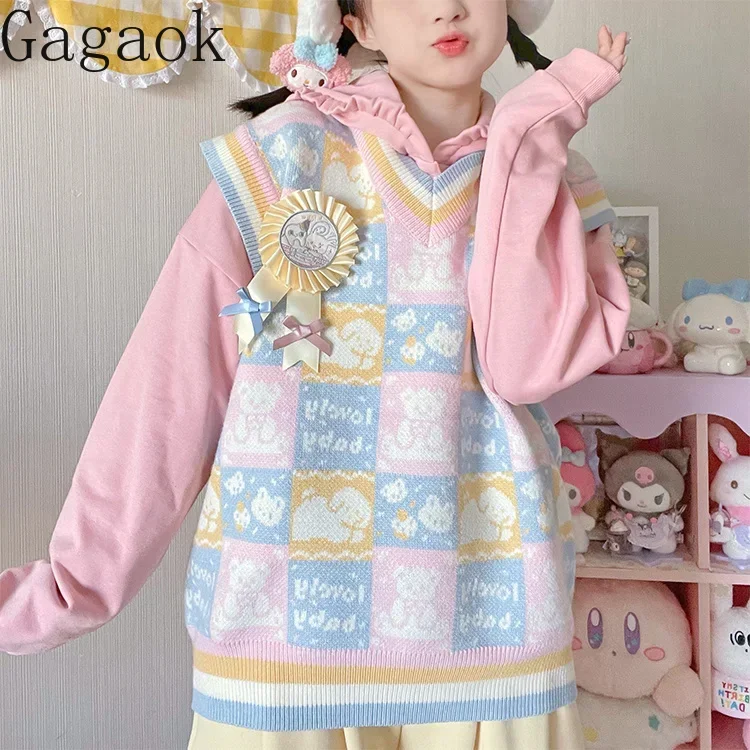 Gagaok Sweet Bear Dog Jacquard Sweater Vest Women V-neck Sleeveless Knitted Waistcoat Outwear Casual Fashion Tank Tops