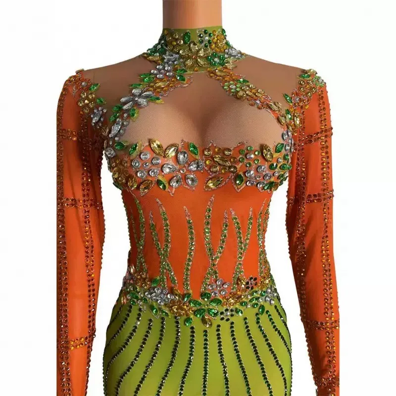 Sparkly Diamond Short Dress Sexy Mesh See Through Celebrate Evening Party Singer Performance Costume Luxury Birthday Dress