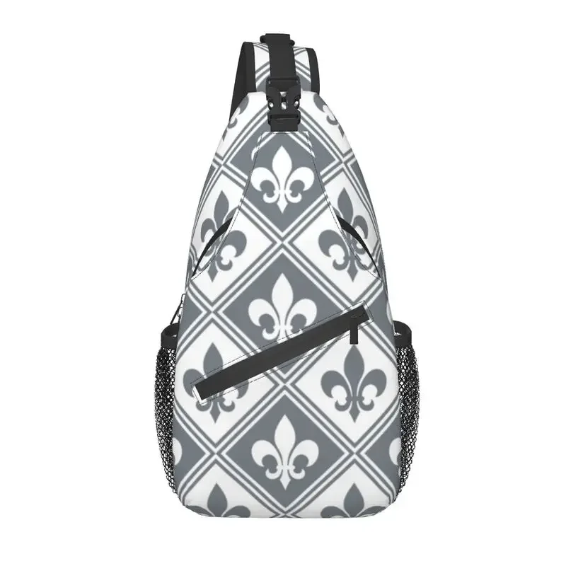 Grey Fleur De Lis And Diamond Pattern Sling Chest Bag Lily Floral Shoulder Crossbody Backpack for Men Cycling Camping Daypack