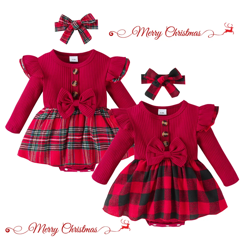 Baby Christmas Red Clothes Children Onesie Crawler Suit Baby Romper Plaid Long-sleeved Crawler Set Birthday Party Clothing