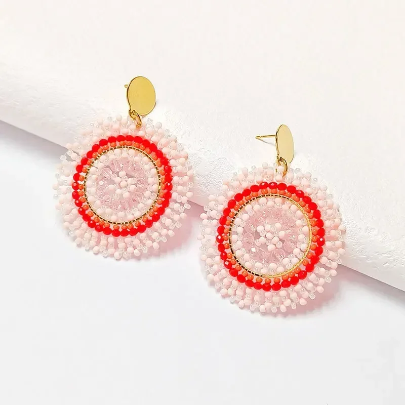 Bohemia Alloy Rice Bead Earrings for Women Simple Hand-Knitted Crystal Versatile Fashion Roundness Originality