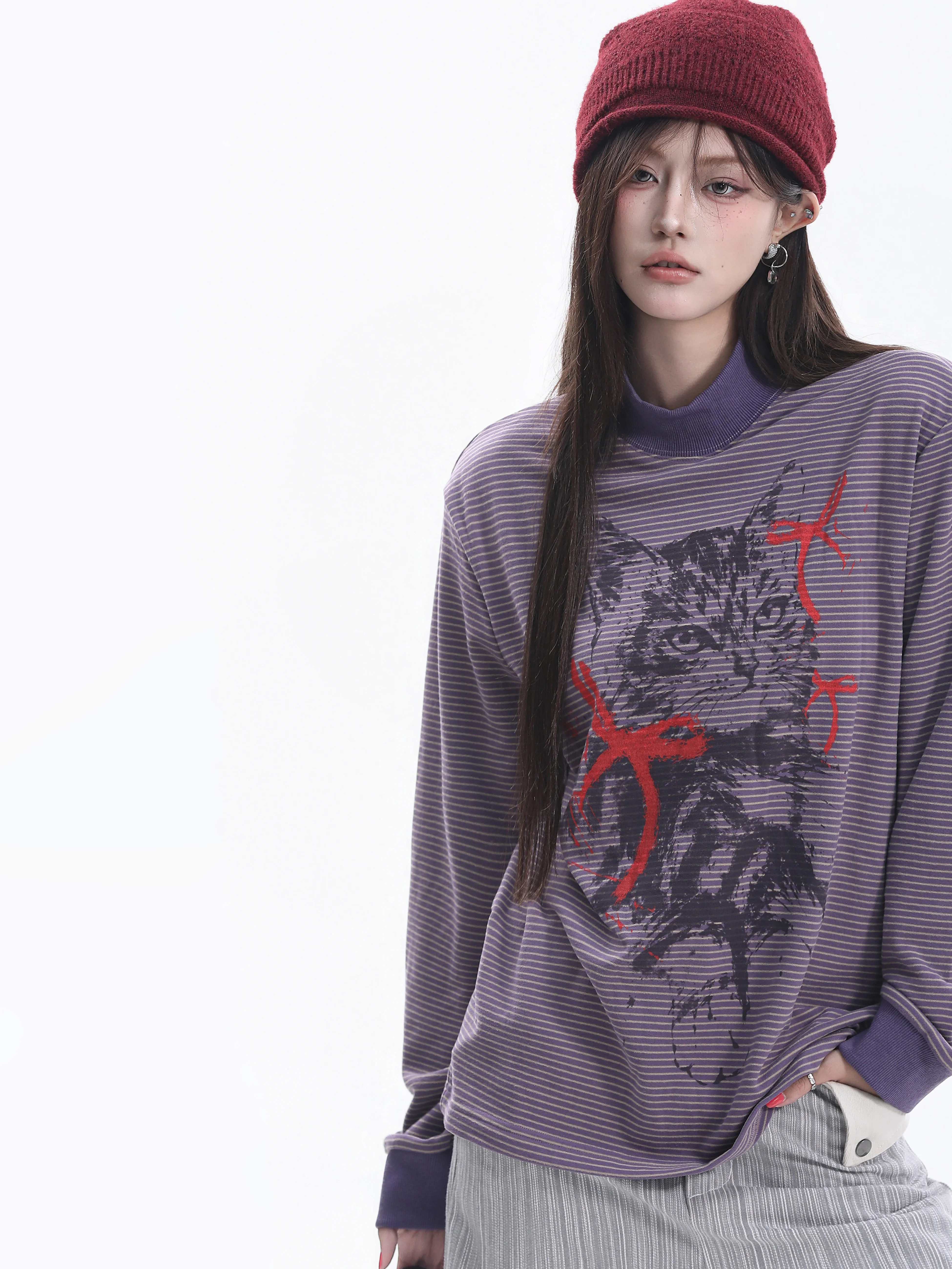 Retro Feel  Print Long Sleeve High Neck Women's T-shirt Striped Small Ball American Millennium Style Versatile Couple T-shirt