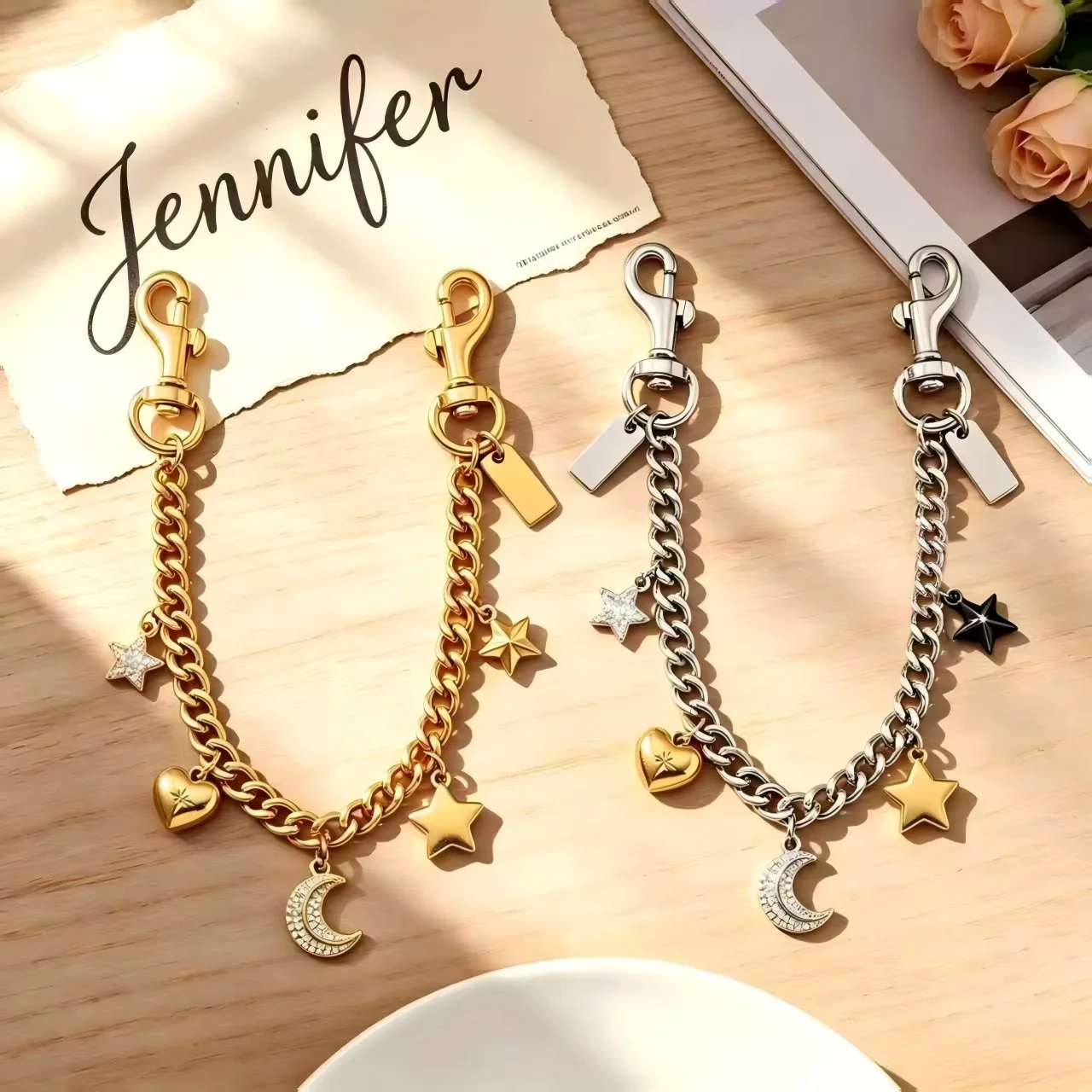 Chunky Purse Chain Strap Gold Silver Alloy Celestial Moon Star Bag Charm Personalized Anti Tarnish Extender Accessory For Women