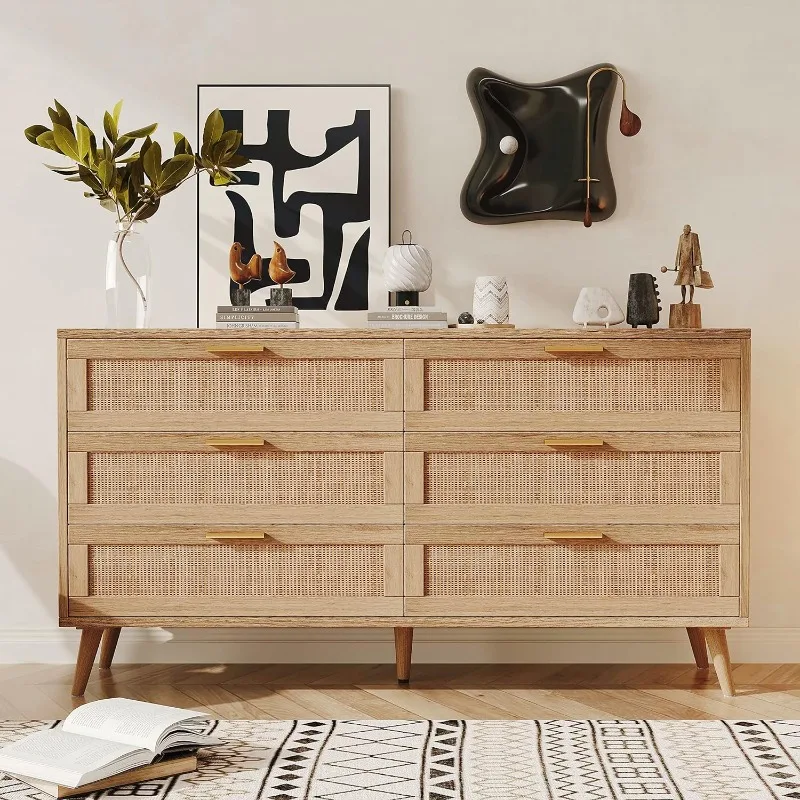 6 Drawer Double Dresser for Bedroom, Rattan Chest of Dressers, Modern Wooden Dresser Chest with Golden Handles, Beside Table