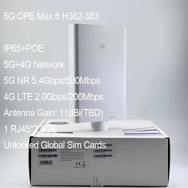 

Unlocked ZOWEE 5G CPE Max 6 H362-383 5.4Gbps POE Outdoor Router WiFi 2.4GHz 5.5G NSA SA 4G LTE CAT20 Sim Card Modem IP65 11dBi