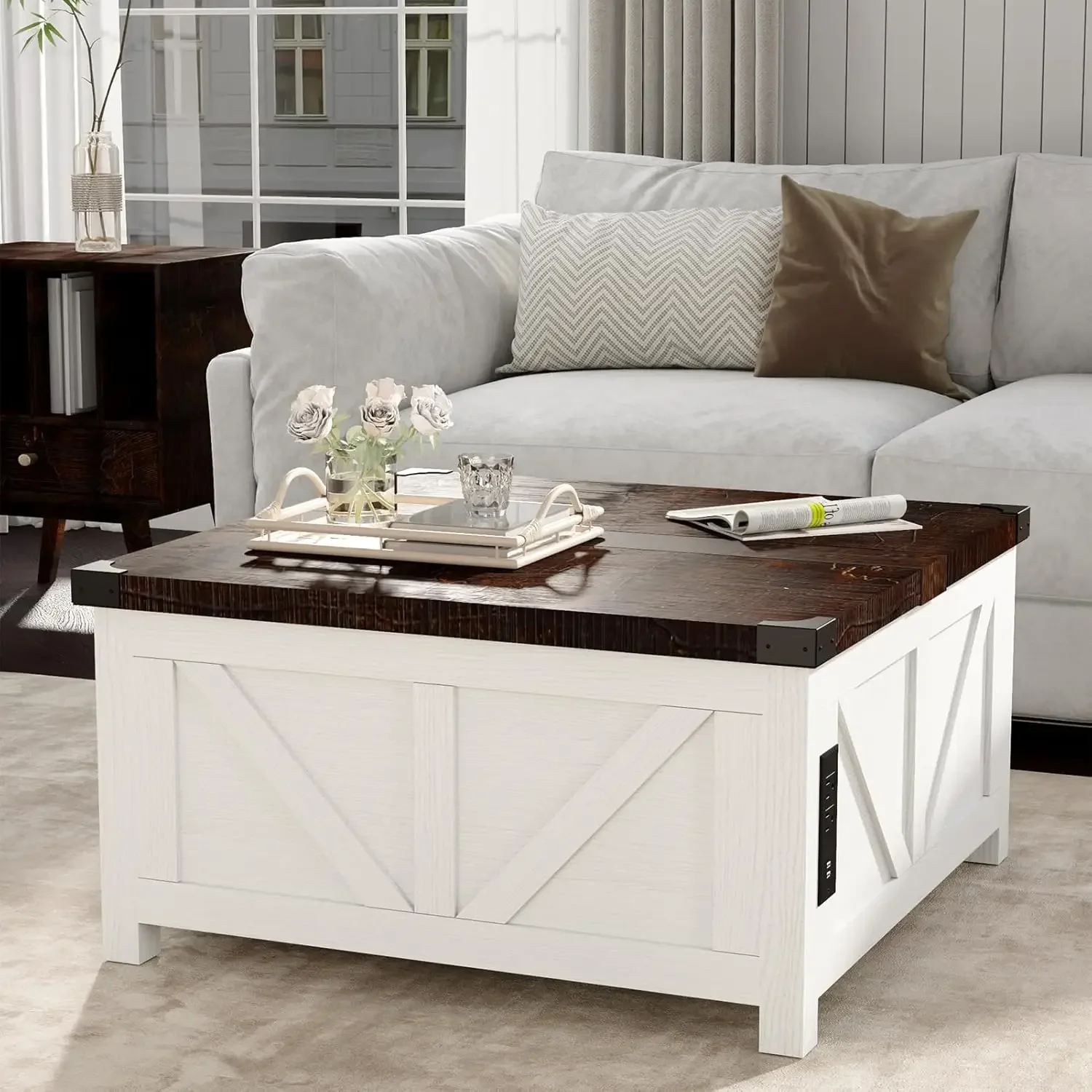 Farmhouse Lift Top Coffee Table com Armazenamento, Wood Square Center Table, Estação de Carregamento e Portas USB, Living Room Central