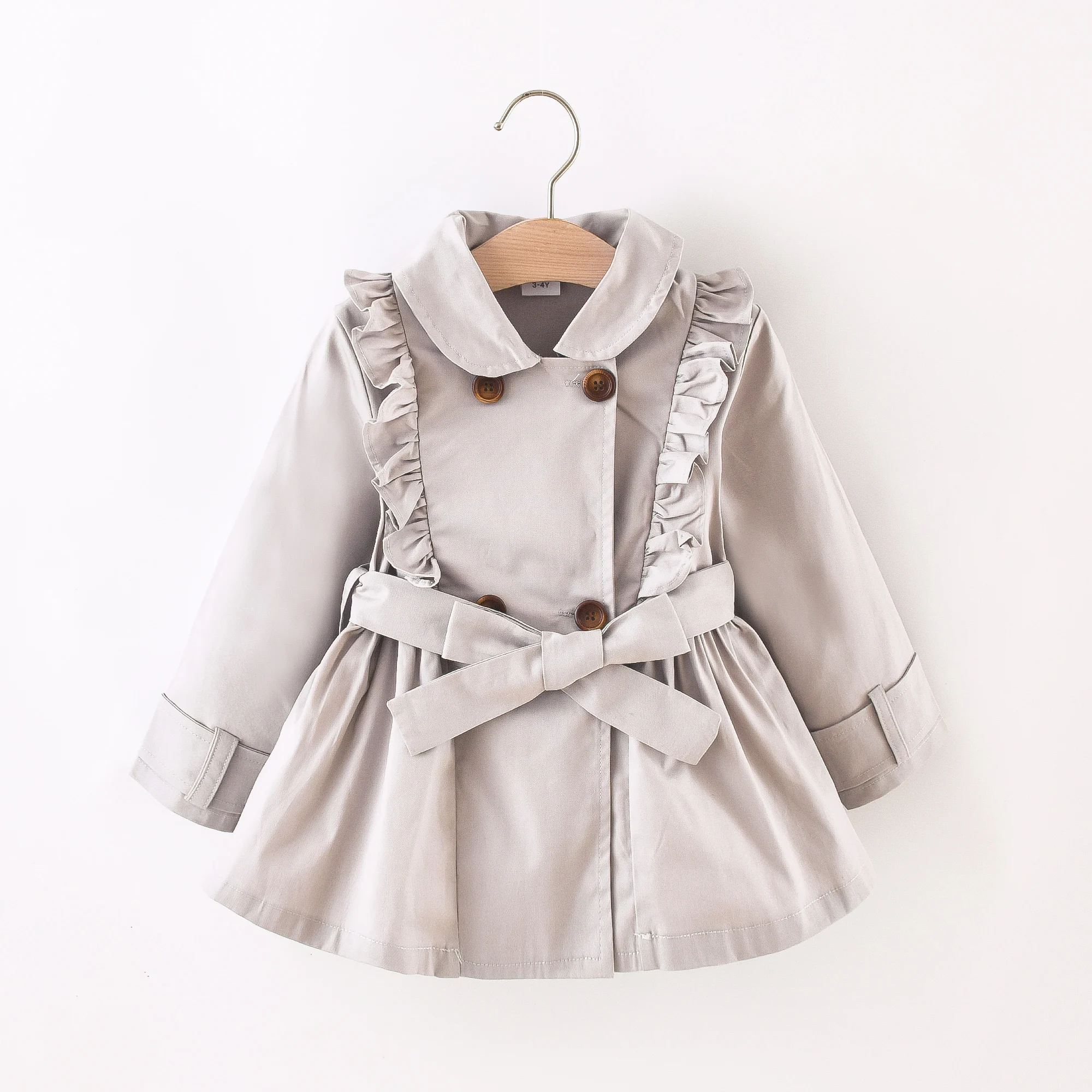 Girls' coat with lapel and lace double breasted long sleeved windbreaker jacket small and medium-sized children's British style