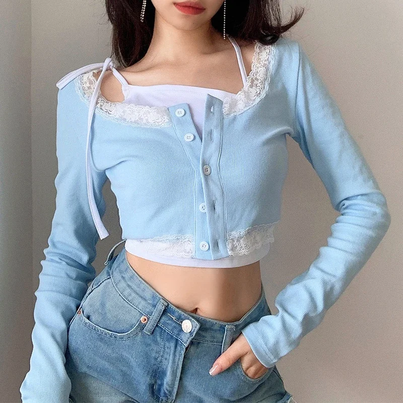 Women Sexy Long Sleeve T Shirts Fashion Lace Ribbed knitting Hollow Crop Tops Slim Elastic Cardigan Tanks Clothes 2024 Autumn