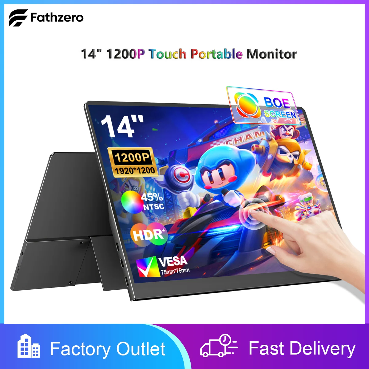 

14" Touch Screen Portable Display Multi Point Capacitive Touch Mini HDMI Type-C Port For Laptop Phone PC Switch External Monitor