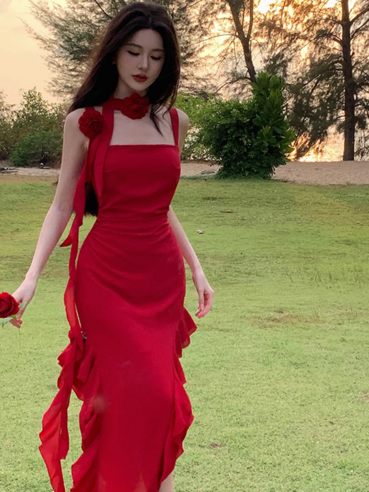 3D-Abschlussballkleider in Rot, Rosy, 2025, lange Spitze, Applikation, Tüll, Ballkleid für Frauen, formelles Abend-Partykleid, sexy Bankettkleid Wh10