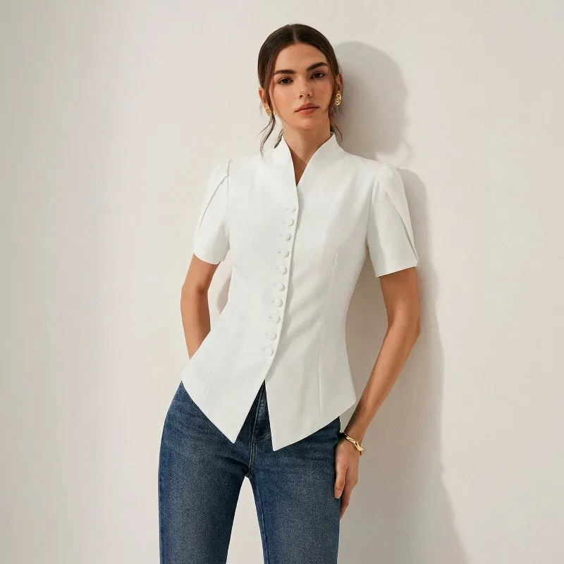 

European and American Style French V-neck Short-sleeved Pure Style Stand-up Collar Button-down Women's Spring Top Elegant Shirt