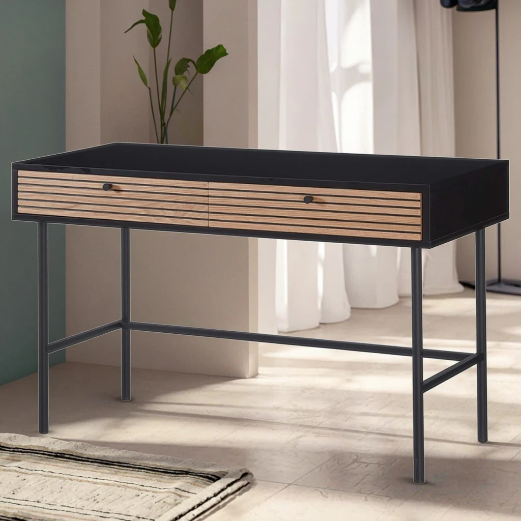 Modern stylish home office desk, minimalist medium-density fiberboard, natural furniture, convertible for bedroom or gym use