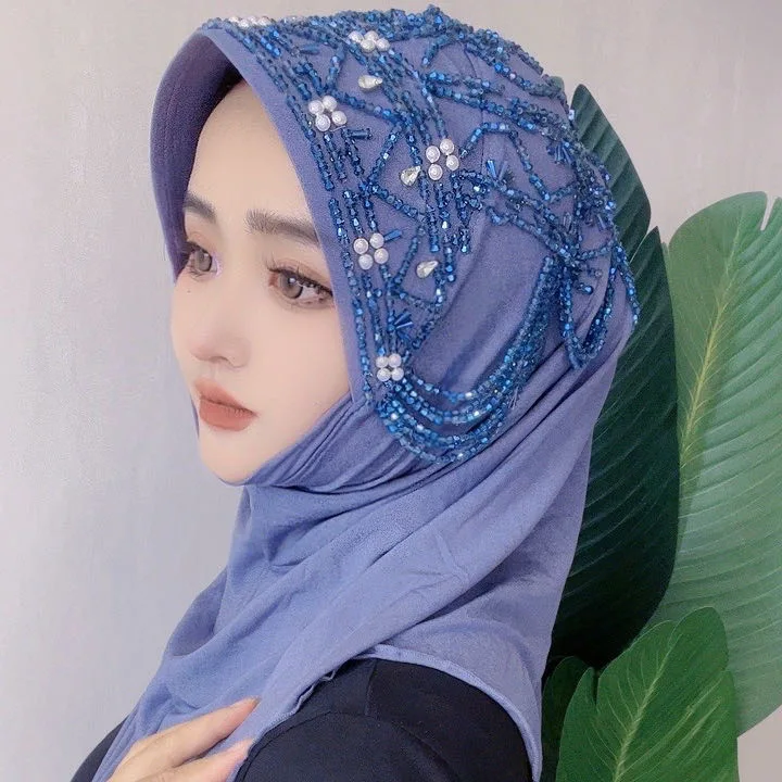 

Мусульманские головные уборы: Хиджабы для женщин, роскошные шали с бисером, платки, шарфы (Малайзия), для Ид, Рамадана, молитв, синие платки, головные уборы для танцев и вечеринок