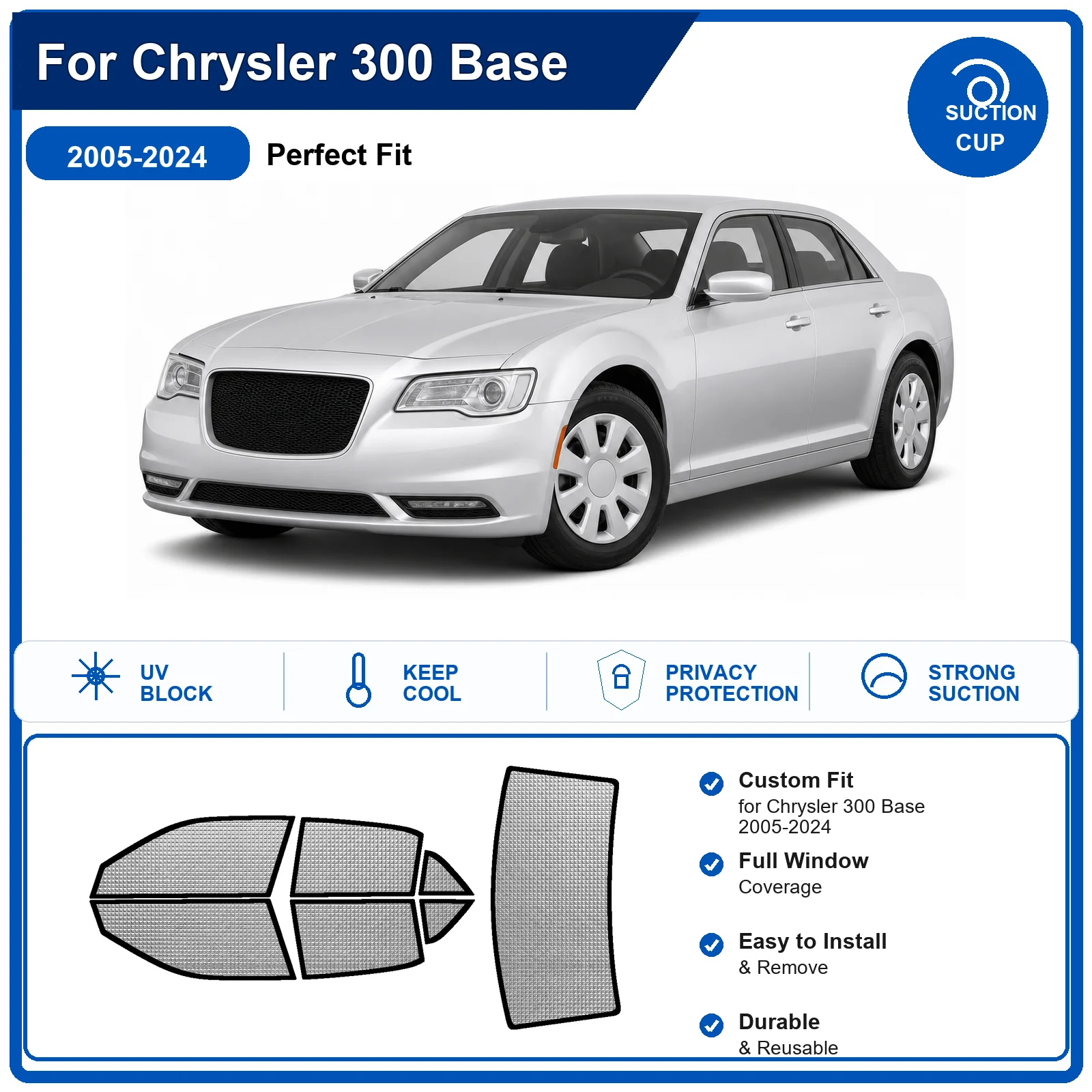 For Chrysler 300 Base 2005-2024 Custom Full Set Windshield Sun Shade Aluminum Foil Heat Insulation Anti UV Foldable