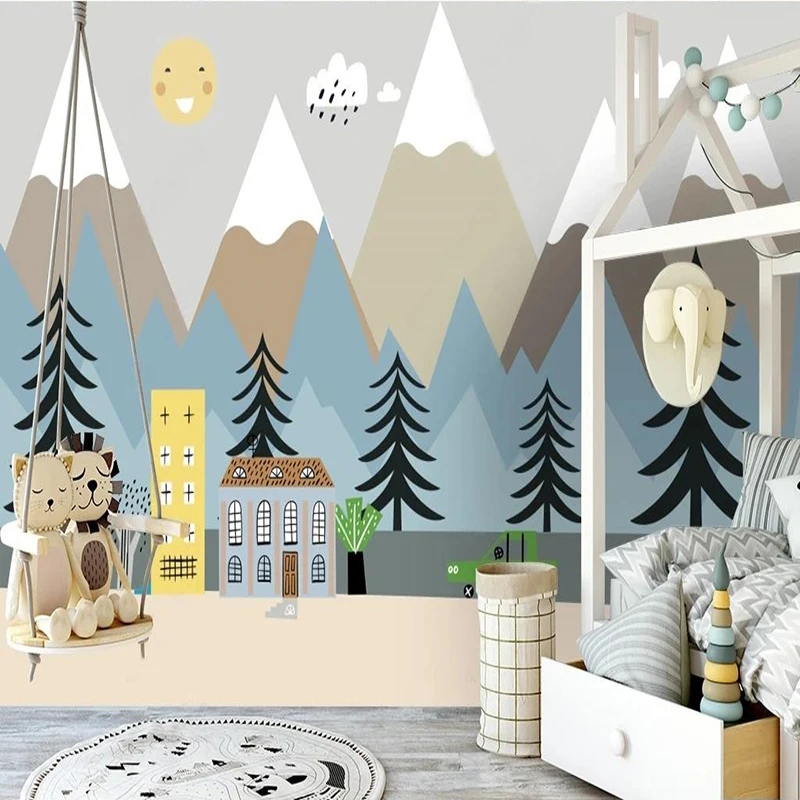 Custom Photo Wallpaper 3D Modern Hand-painted 3D Cartoon Nordic Mountain House Mural Children's Bedroom Background Wall Painting