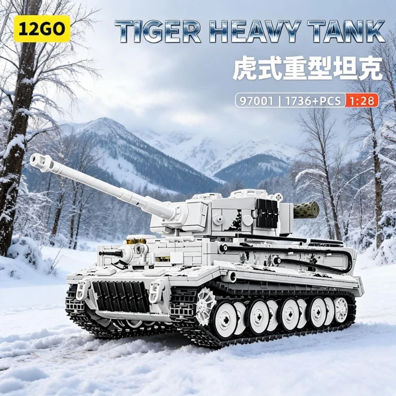 1736PCS 1:28 Scale MOC German Tiger Heavy Tank Winter Camouflage Building Blocks set with Soldier Minifigures,DIY Military Gift
