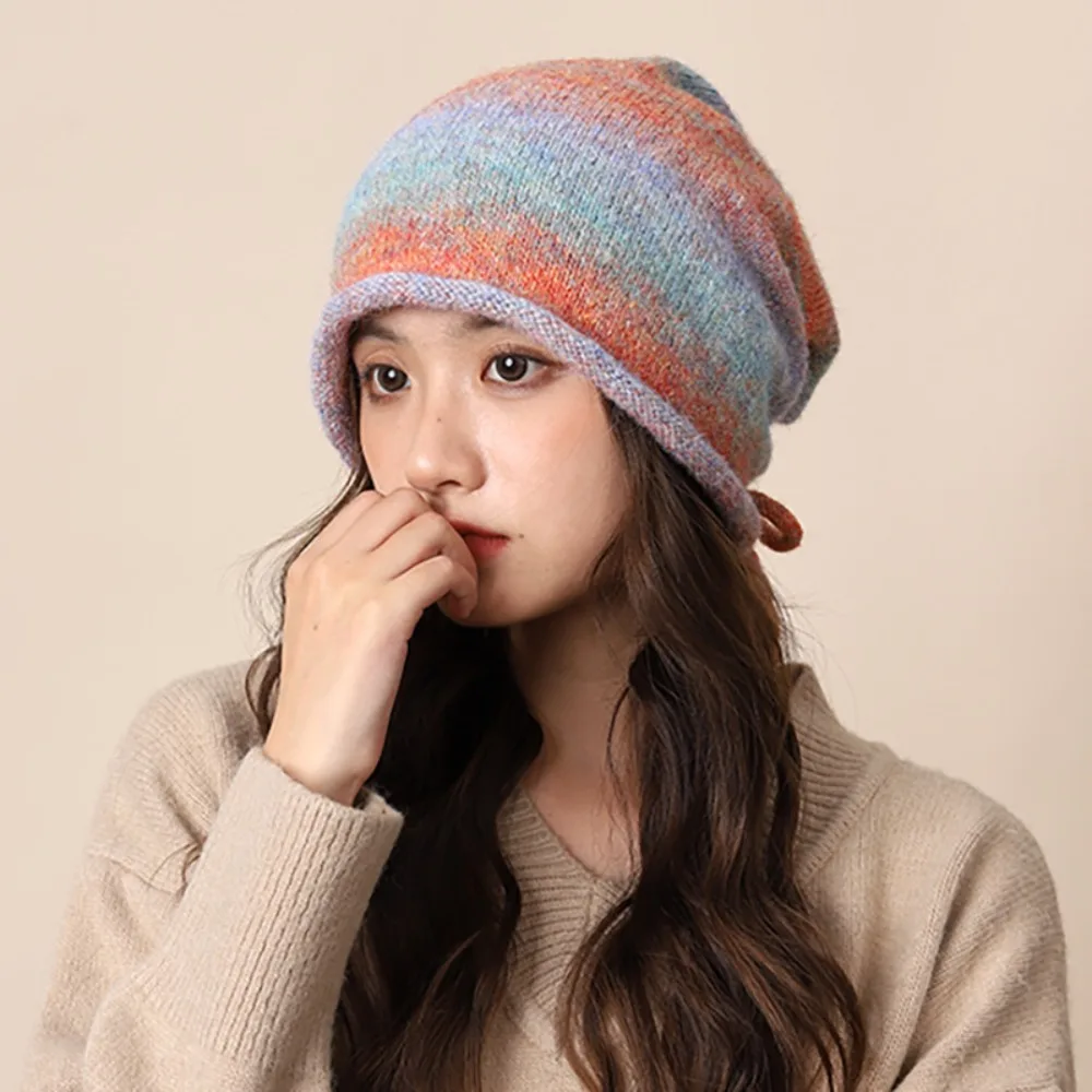 

Fashion Large Size Beanies Skullies Gradient Color Rolled-brim Bonnet Hat Soft Knitted Drawstring Slouch Hat