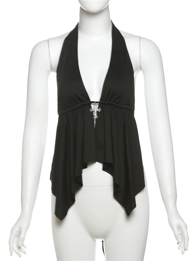 Nibber bainha irregular feminino com decote em v simples sem mangas selvagem rua sem costas guarnição de metal frênulo halter sexy moda hottie colete