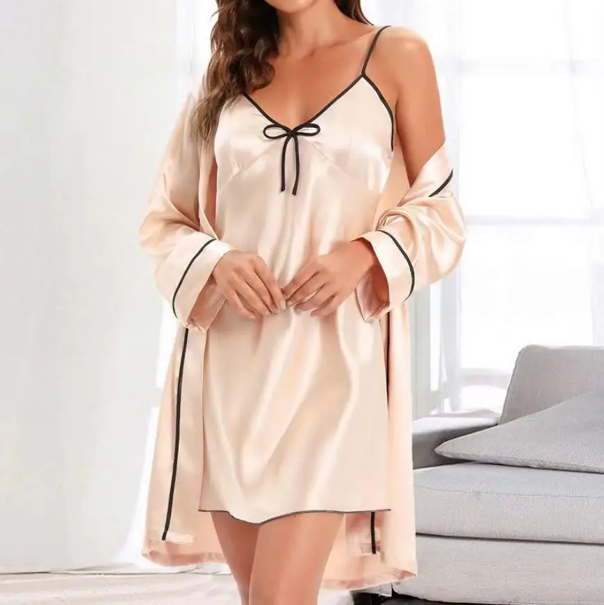 

Champagne Female Kimono Bathrobe Gown Sexy Sleepwear Wedding Morning Nightgown Set Suspender Nightdress Loose Satin Homewear