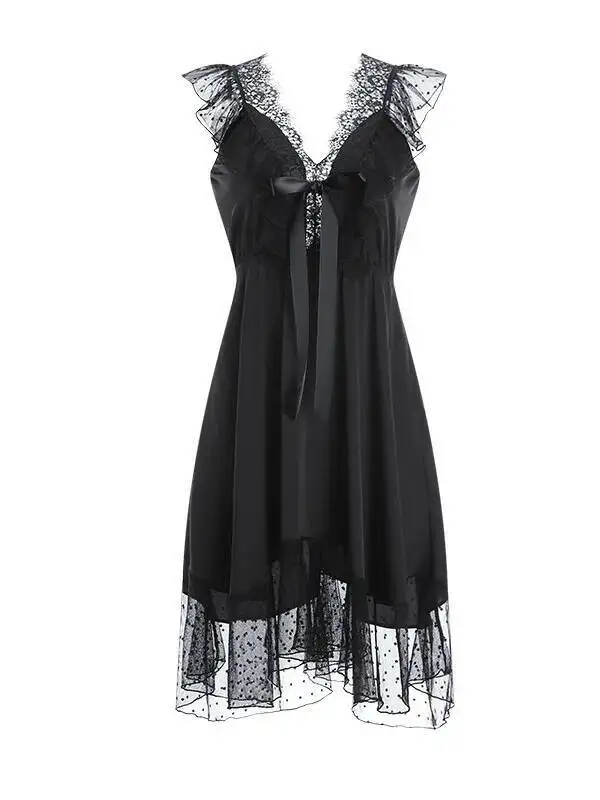 Pure Desire-Camisón de encaje de malla dulce, camisón Sexy de corte bajo con escote en V profundo, vestido con adornos de encaje de Color sólido de malla transparente, Casaul ED8Z