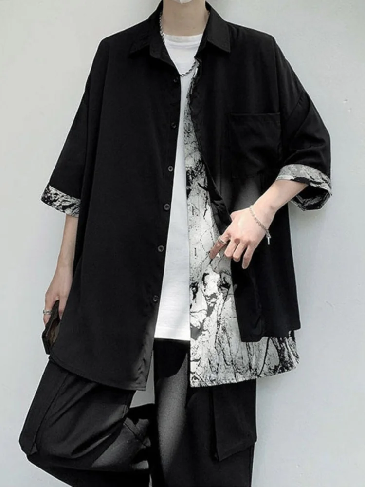 

New Chinese Sle Men's Ice Silk ort Sve irt Dra Sensation Fake Two-Piece Design Water-Media Painting Print Seven-...