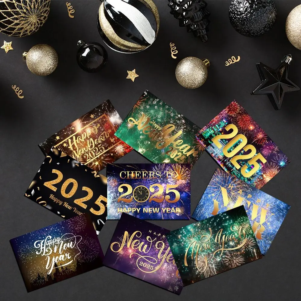 

12pcs Foldable 2025 New Year Greeting Card Paper Blessing Black Gold Gift Card with Sealing Sticker Festival Invitations Cards