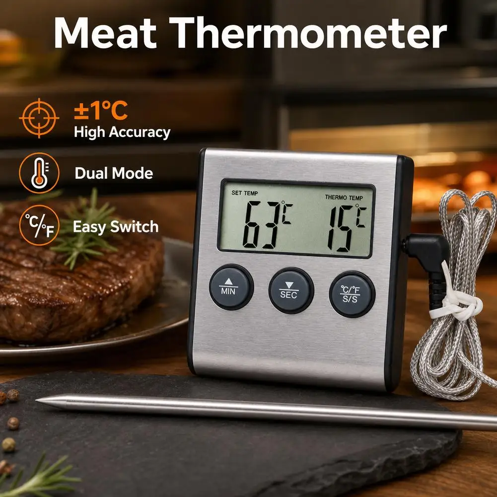 Digital Meat Thermometer With Probe Kitchen Cooking Timer ℃/℉ Switch Oven BBQ Roast Temperature Monitor Alarm Thermometer