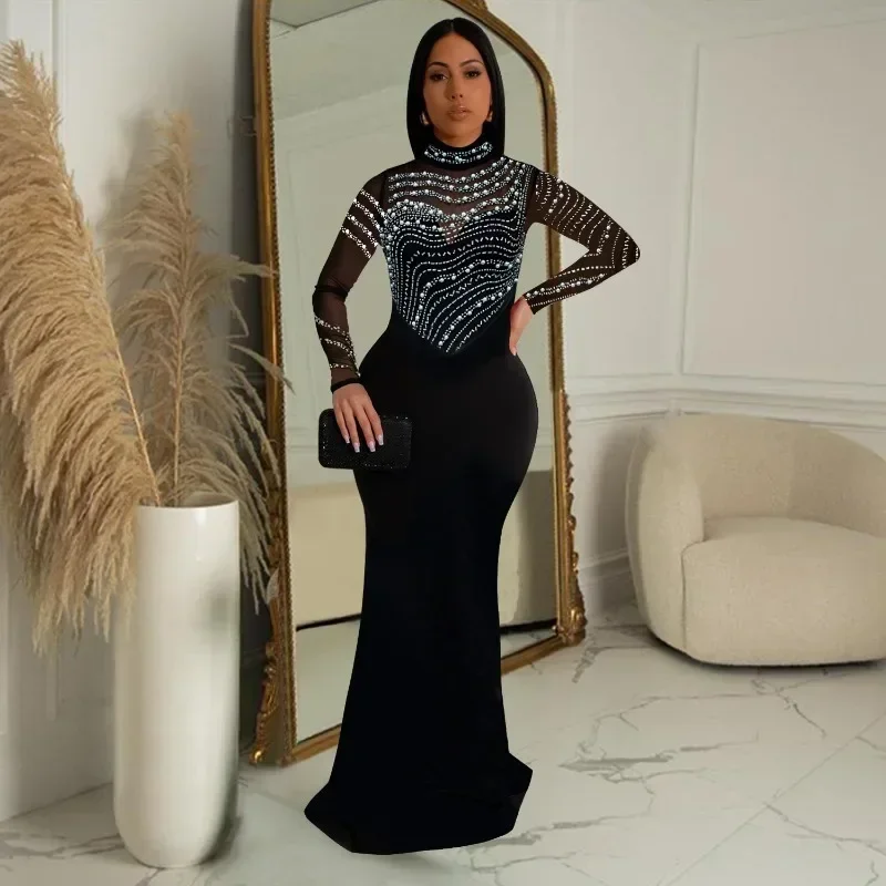 GUWU Heißer Strass Perle Frauen Lange Hülse O-ansatz Bodycon Bodenlangen Langes Kleid Diamanten Sexy Party Abend Prom Kleider