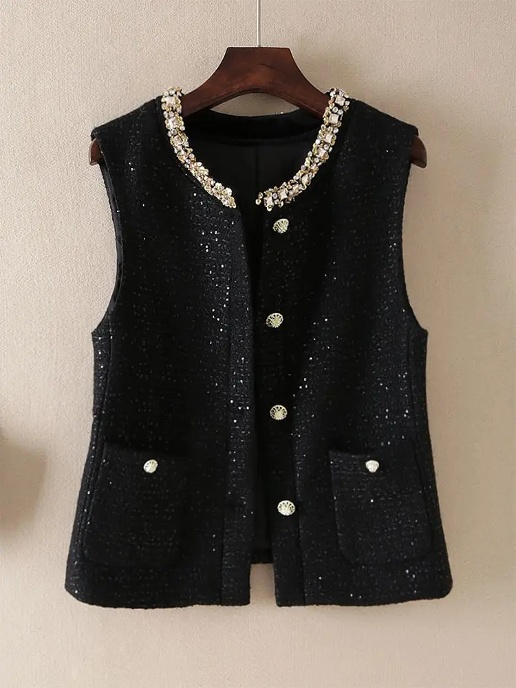 

Retro Woolen Vest Spring Autumn Women's Handmade Bead Chain Crew Neck Slim Korean Top Jacket