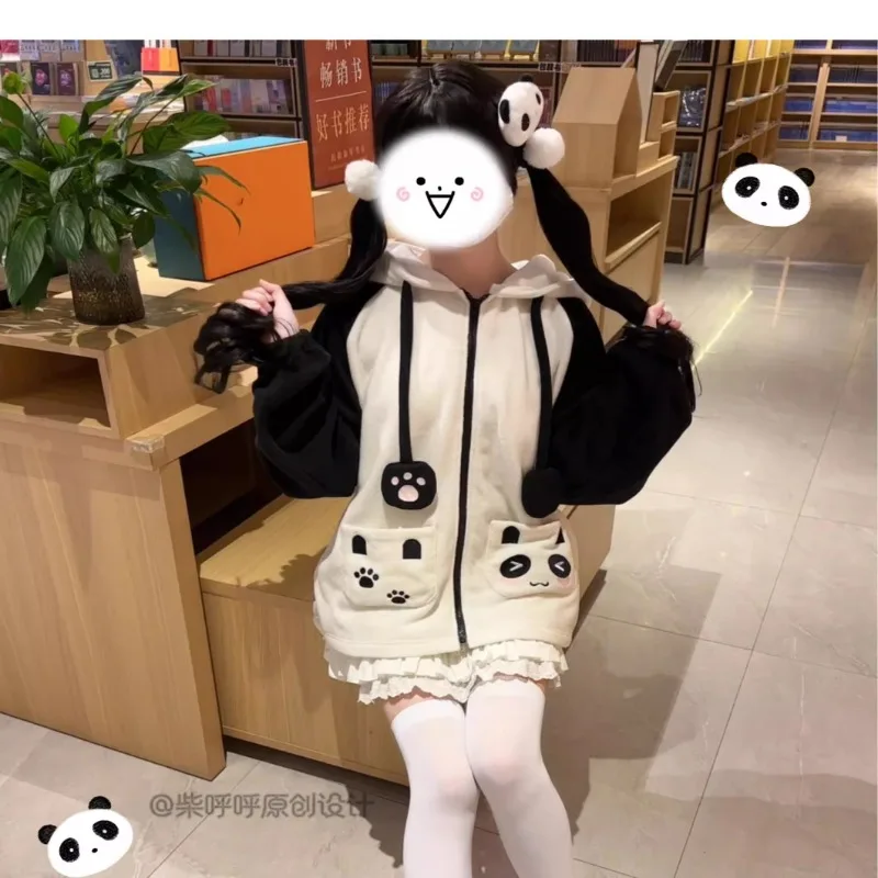 Japanese Autumn and Winter Panda Print Cute Color Matching Trend New Product Embroidery Fashion Versatile Wear Coat For Women