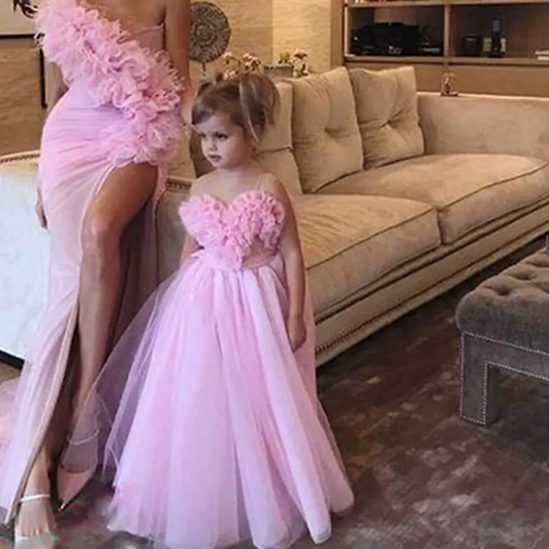 Pink Ruffles Flower Girl  Dresses For Wedding Tulle A Line Girls Pageant Gowns Mother And Daughter Formal Party Dress Custom Mad