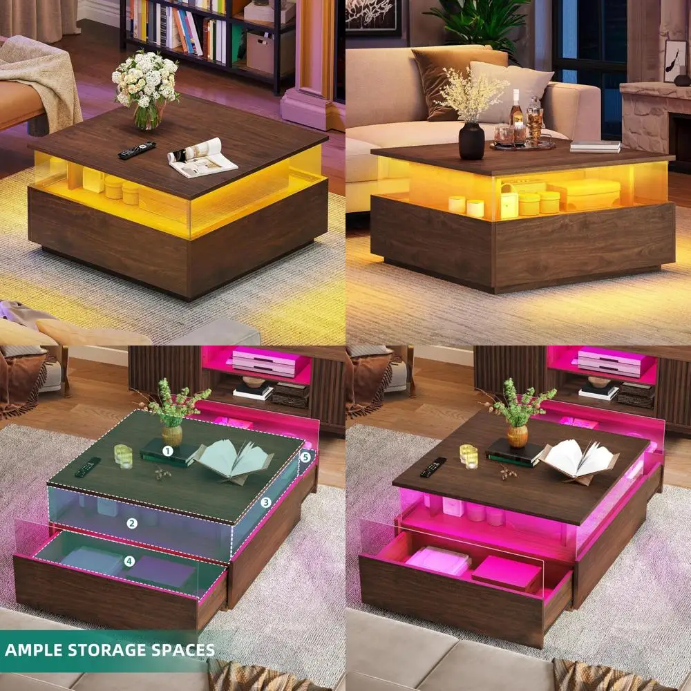 

Modern Square LED Coffee Table with Storage and Acrylic Glass for Living Room